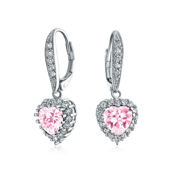 Bling Jewelry Bridal Anniversary Wedding Romantic Red Pink Clear 4CT AAA CZ Halo Heart Shaped Cubic Zirconia Dangle Leverback Earrings For Women Girlfriend Invisible Cut Rhodium Plated