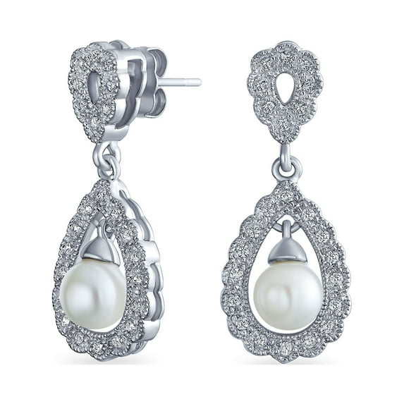 Bling Jewelry Bridal Filigree White Dangle Imitation Pearl Earrings Prom Pageant