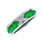 Bling Jewelry CZ Criss Cross X Kiss Dyed Green Jade Band Ring .925 Sterling Silver
