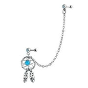 Bling Jewelry Dream Catcher Leaf Double Piercing chain Earring CZ 316L Steel Blue