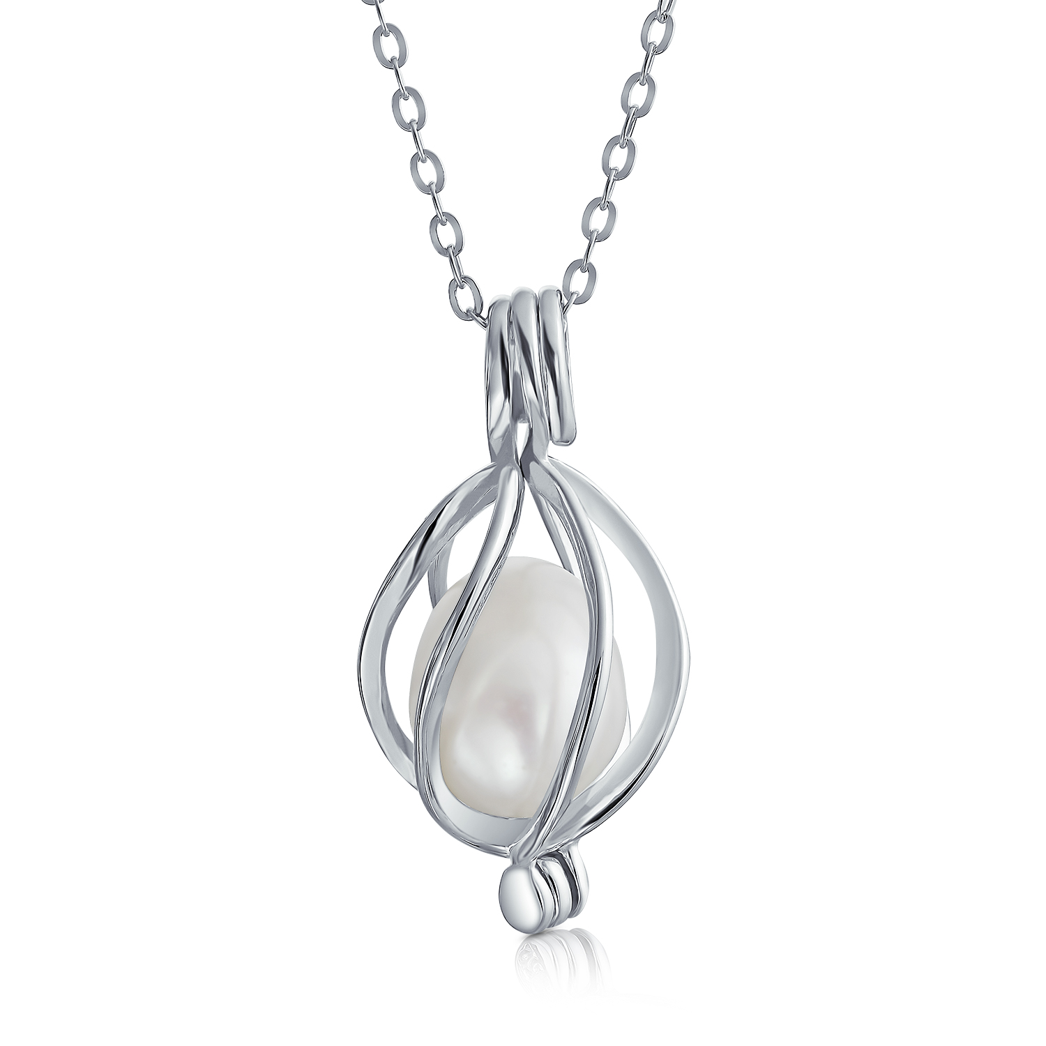 Bling Jewelry Drop Pendant White Freshwater Cultured Pearl Caged Sterling Silver 18" - image 1 of 4