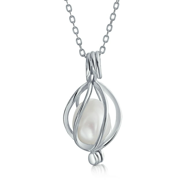 Bling Jewelry Drop Pendant White Freshwater Cultured Pearl Caged Sterling Silver 18"