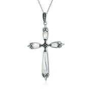 Bling Jewelry Fleur De Lis White MOP Cross Pendant Western Necklace .925 Silver