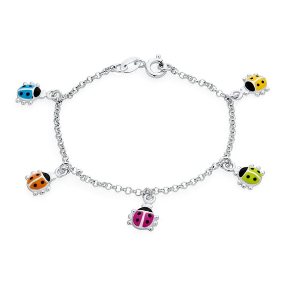 Bling Jewelry Girls Good Luck Red Ladybug Dangling Charm Bangle Bracelet Sterling Silver 6 Inch