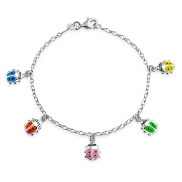 Bling Jewelry Girls Good Luck Red Ladybug Dangling Charm Bangle Bracelet Sterling Silver 6.5 Inch