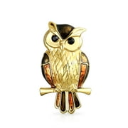 Bling Jewelry Golden Brown Enamel Owl Bird on Branch Brooch Pin Gold Plated Alloy