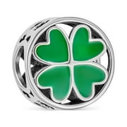 Bling Jewelry Good Luck Round Irish Shamrock Enamel Green Clover Charm Bead Silver