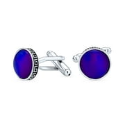 Bling Jewelry Greek Key Edge Blue Glass Round Dome Shirt Cufflinks Silver Tone Steel