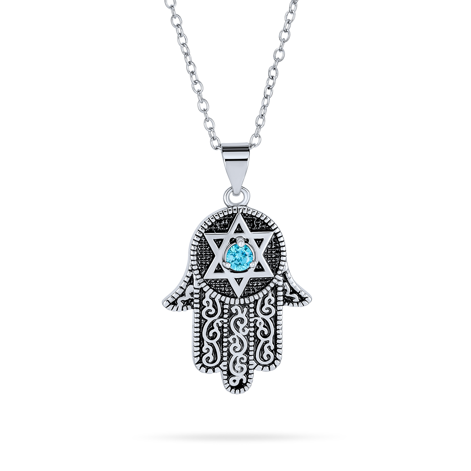 Bling Jewelry Hamsa Hand of God Star of David Pendant Necklace Blue CZ Black Plated - image 1 of 5