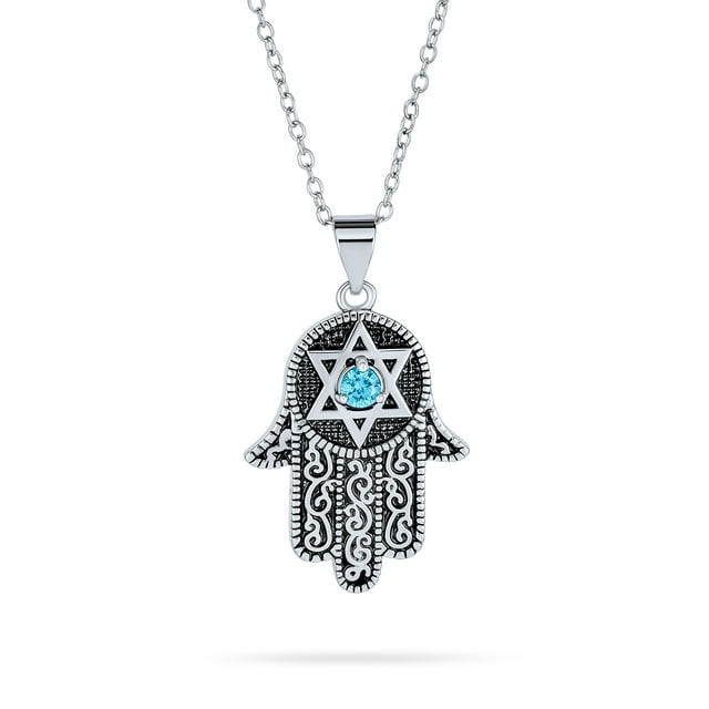 Bling Jewelry Hamsa Hand of God Star of David Pendant Necklace Blue CZ Black Plated