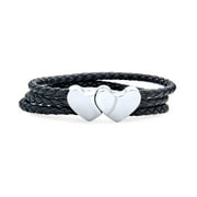 Bling Jewelry Interlocking Heart Black Strand Woven Leather Bracelet Stainless Steel