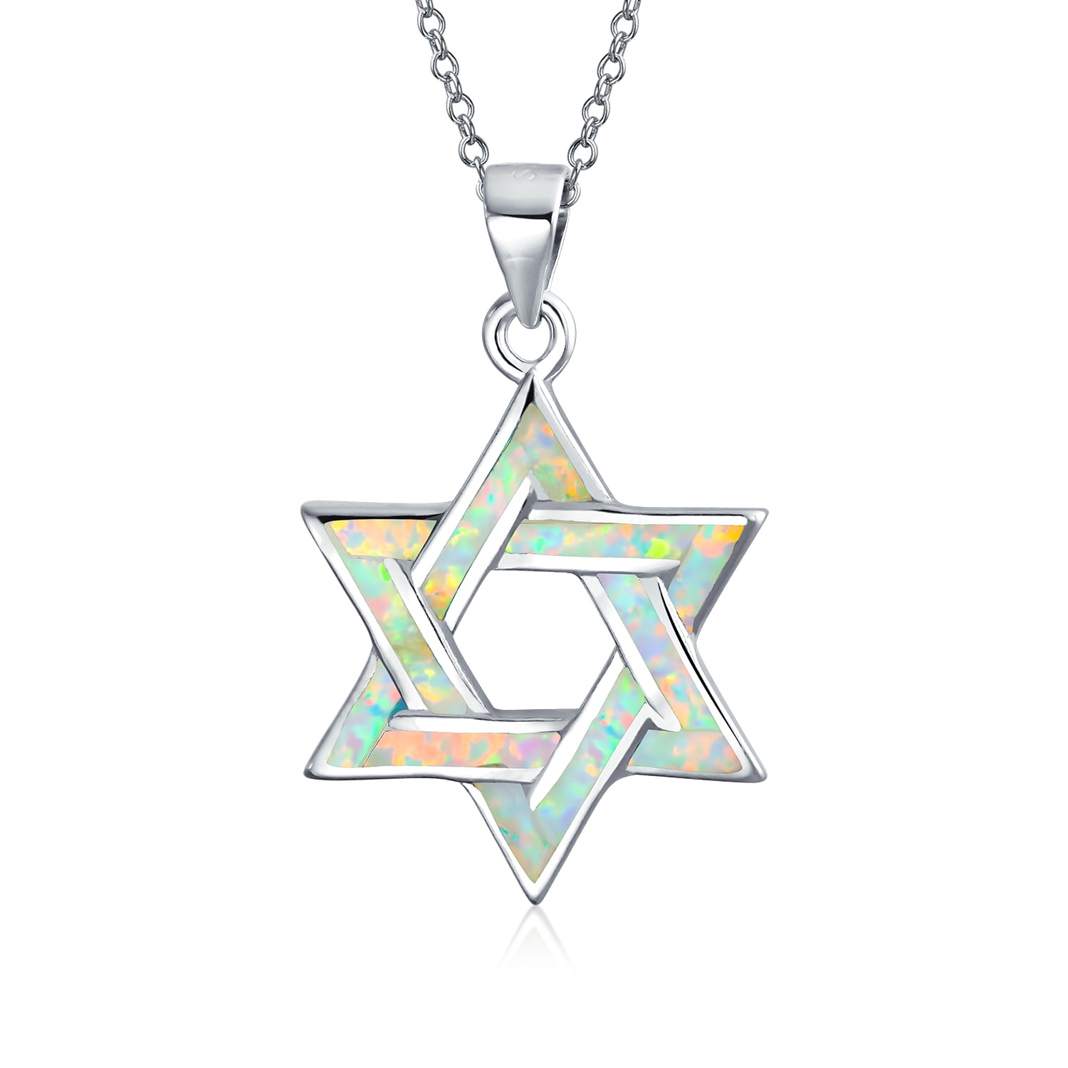 Bling Jewelry Womens Hanukkah Magen Judaic Opal Star of David Pendant Necklace Sterling Silver