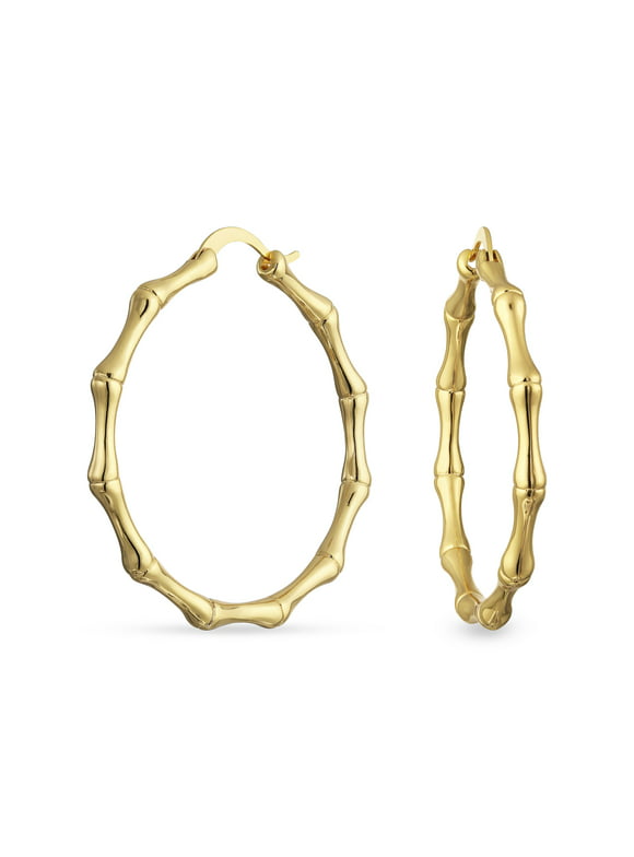 Bling Jewelry Large Fashion Bamboo Hoop Earrings Yellow Gold Plated 1.5 Inch Dia