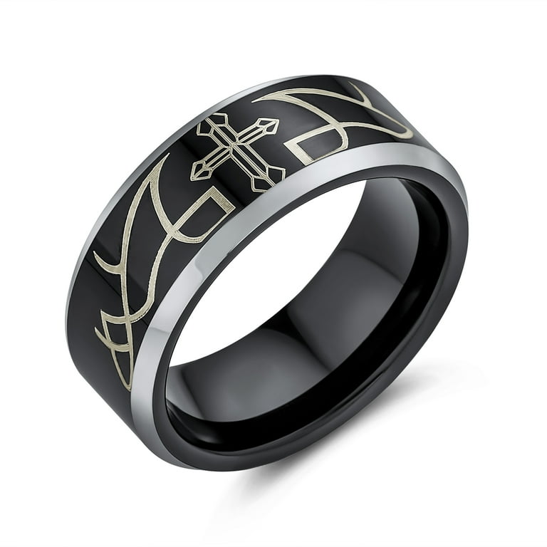 Bling Jewelry Mens Laser Etched Tungsten Wedding Band Ring with Catholic Cross Design for Men Comfort Fit