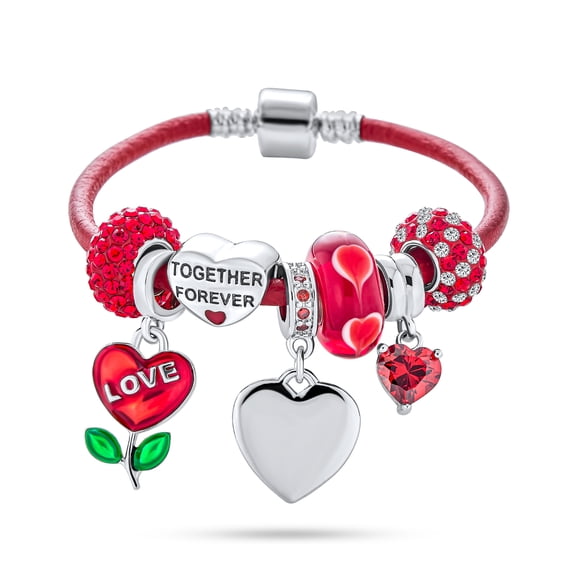 Bling Jewelry Womens Love Red Heart Bead Multi Charms Bracelet Leather .925 Sterling Silver