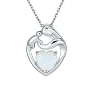 Bling Jewelry Loving Mother Child Heart White Opal Necklace .925Sterling Silver