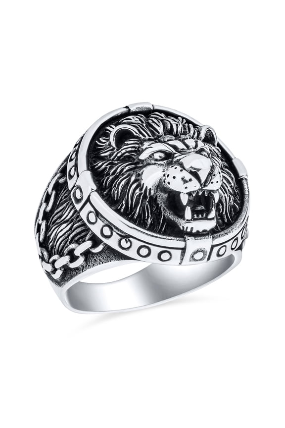 Mens Big Vintage King of Jungle Round Roaring Lion Signet Ring