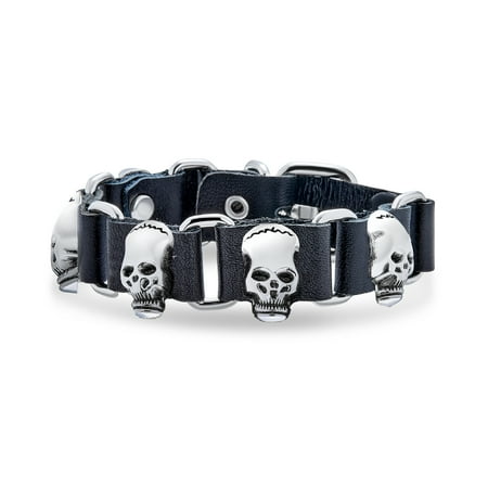 Bling Jewelry Mens Genuine Black Leather Studded Skull Heads Cuff Bracelet for Men Adjustable Buckle Stainless Steel