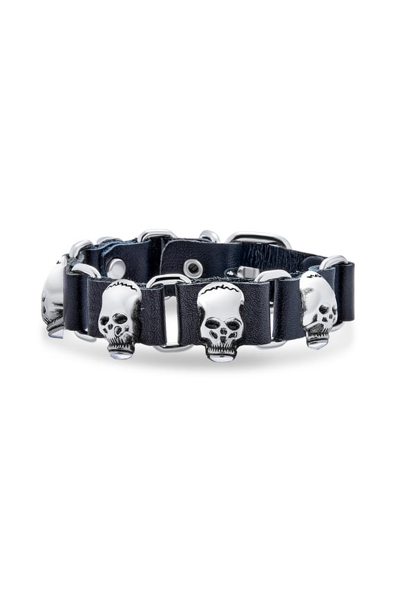 Mens Biker Chain Skull Heads Link Bracelet Black Leather Studded