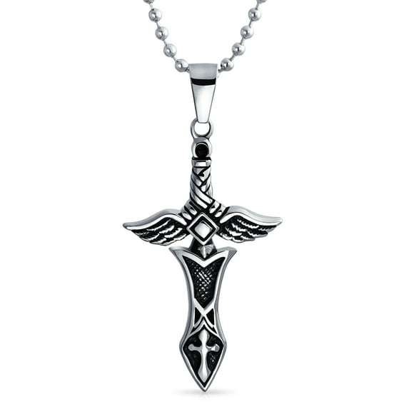 Bling Jewelry Mens Biker Jewelry Royal Sword Angel Wings Cross Necklace Black