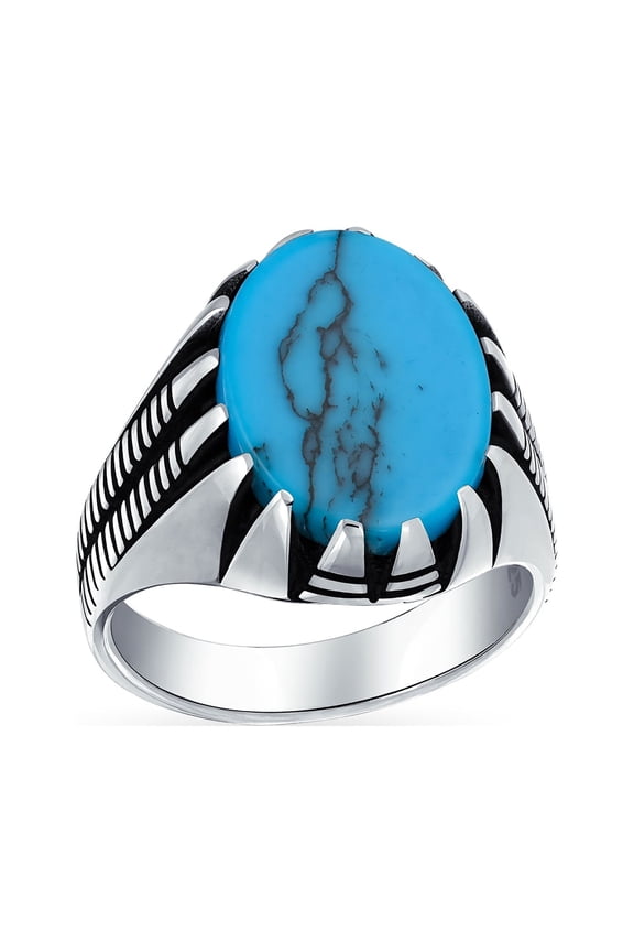 Mens Animal Claw Large Oval Turquoise Signet Ring Oxidized Silver Handmade In Turkey