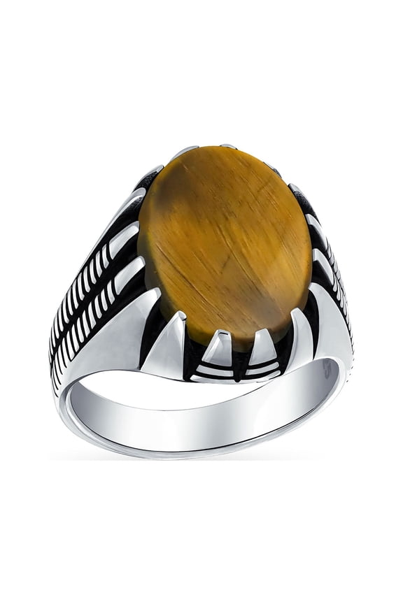 Mens Animal Claw Large Oval Tiger Eye Signet Ring Oxidized Silver Handmade In Turkey