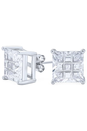 Mens Princess Cut Checkboard Square CZ Stud Earrings .925 Sterling Silver 6MM