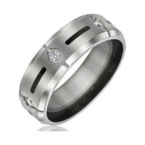 Bling Jewelry Mens Black Inlay Titanium Wedding Band Ring with CZ Accent Silver
