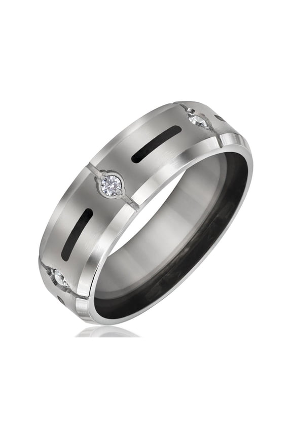 Mens Black Inlay Titanium Wedding Band Ring with CZ Accent Silver