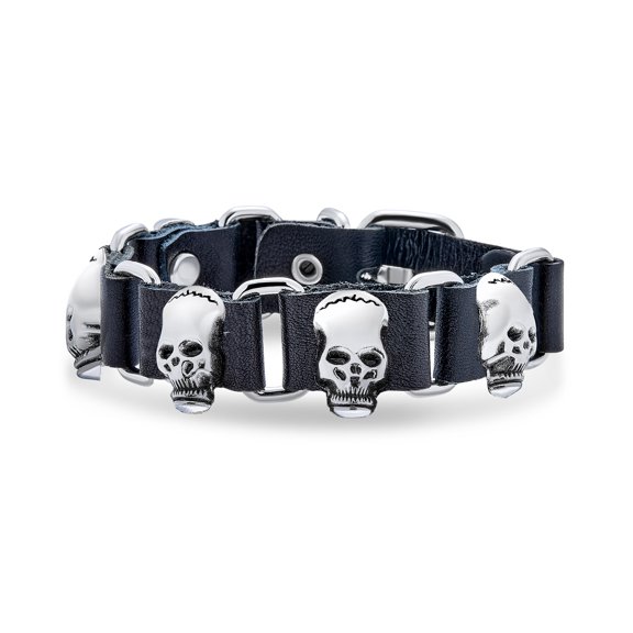 Bling Jewelry Mens Black Leather Studded Skull Heads Cuff Bracelet Belt Buckle Stainless Steel