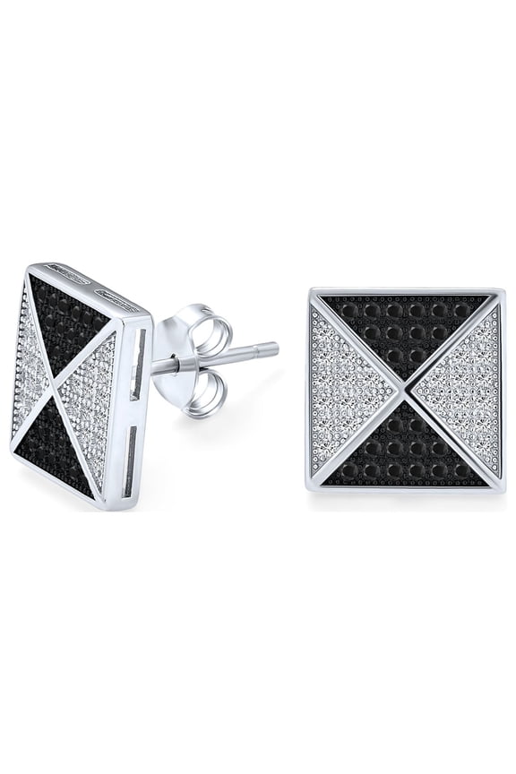 Mens Black Royal Blue CZ Stud Square Earrings  Pyramid