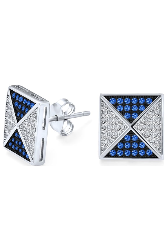 Mens Black Royal Blue CZ Stud Square Earrings  Pyramid