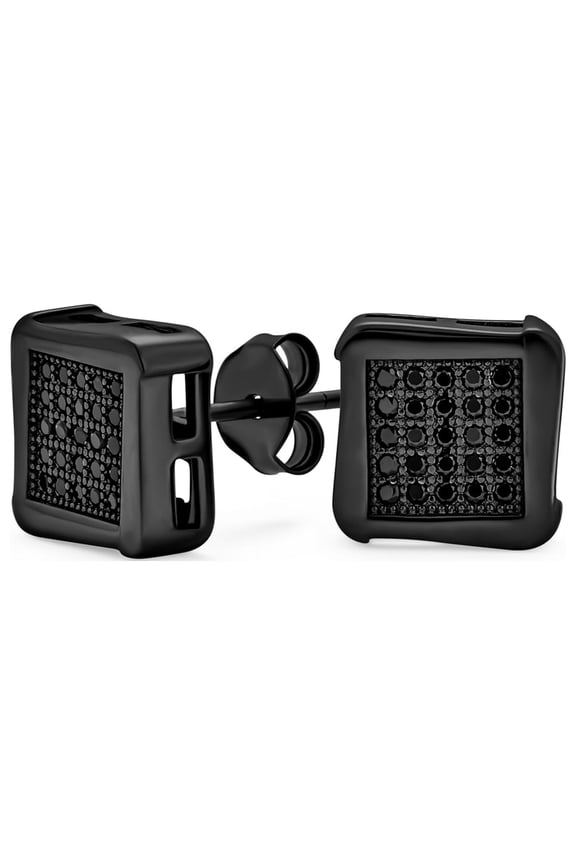 Mens Black  Square CZ Stud Earrings Men Silver