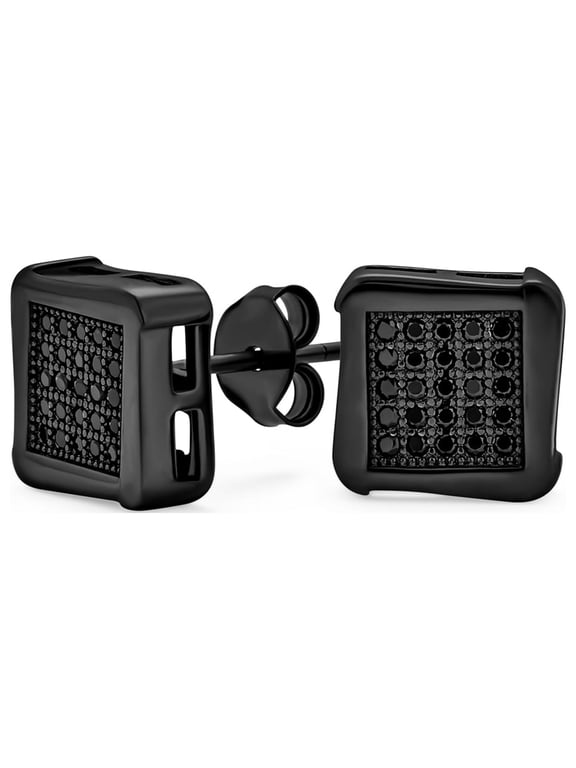 Mens .925 Sterling Silver Black Plated Micro Pave CZ Black On Black Square Stud Earrings