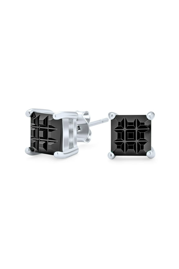 Mens  Black Square Princess Cut CZ Stud Earrings for Men in Sterling Silver