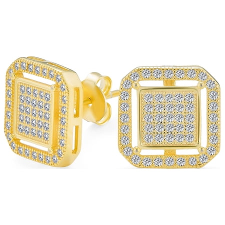 Bling Jewelry Mens .925 Sterling Silver Micro Pave CZ Double Box Square Stud Earrings 14K Yellow Gold Plated