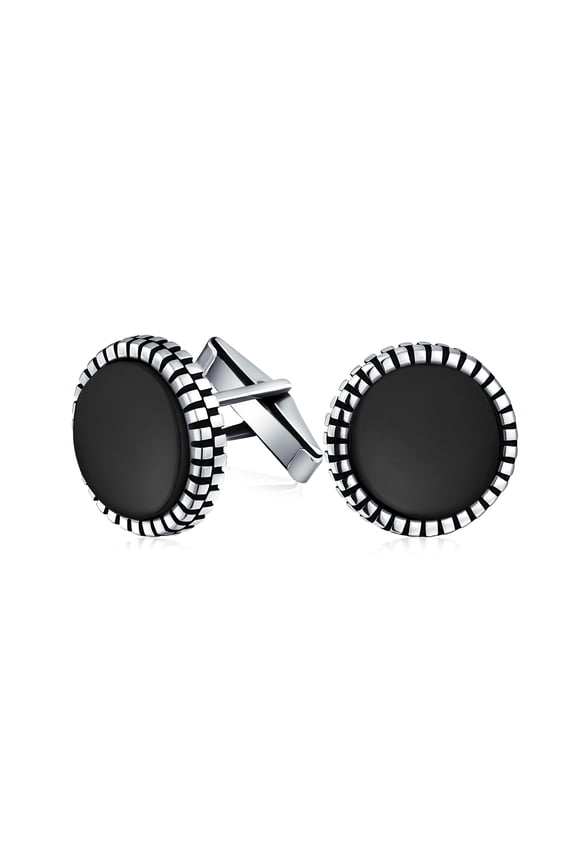 Mens Classic Round Black Onyx Shirt Cufflinks for Men - Sterling Silver Hinge