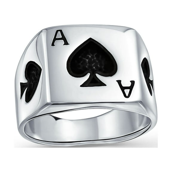 Bling Jewelry Mens Good Luck Gambler Mens Silver Ring with Black Ace of Spade for Poker Players
