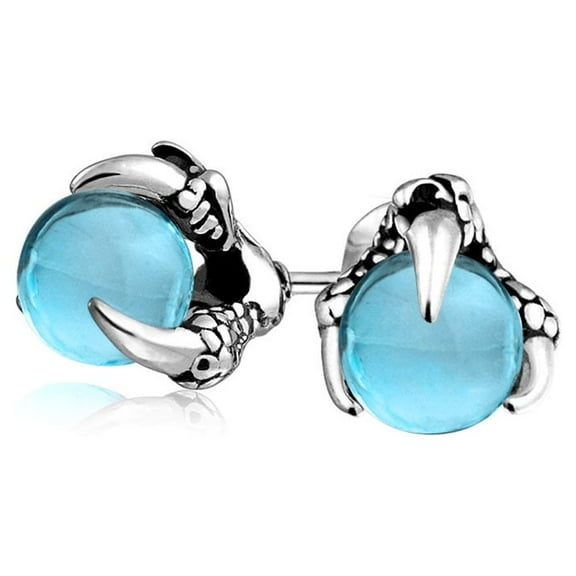 Bling Jewelry Mens Gothic Dragon Claw Stud Earrings Aqua Blue Ball for Men Silver Tone