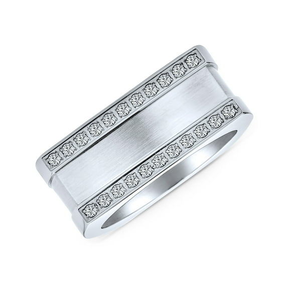 Bling Jewelry Mens Pave CZ Accent Rectangle Signet Statement Band Ring Stainless Steel