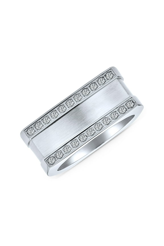 Mens Pave CZ Accent Rectangle Signet Statement Band Ring Stainless Steel