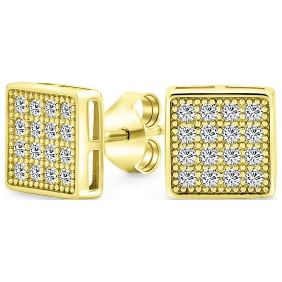 Bling Jewelry Mens Hip Hop Square CZ Stud Earrings for Men Gold Plated Sterling Silver