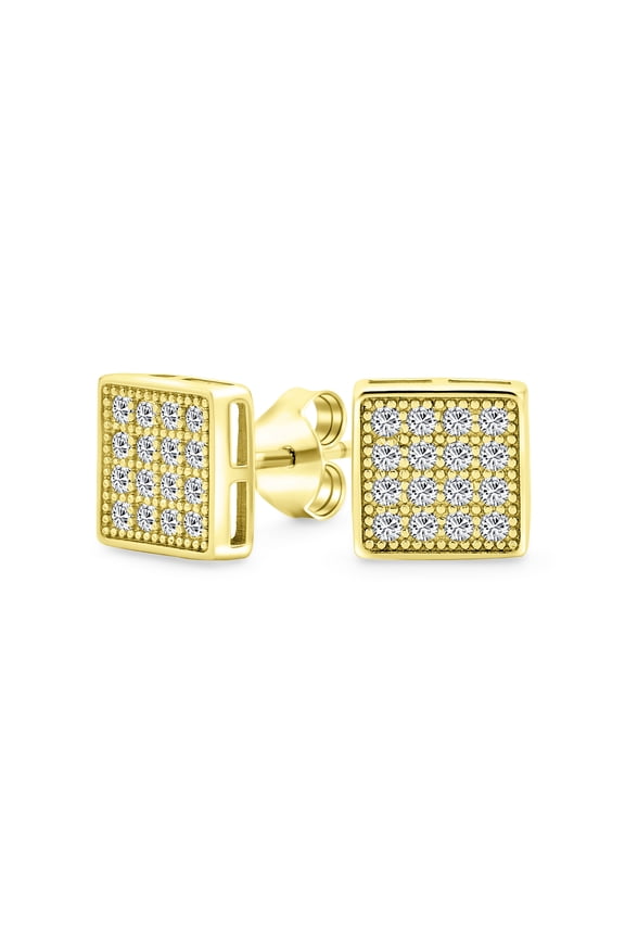 Mens Hip Hop Square CZ Stud Earrings for Men Gold Plated Sterling Silver