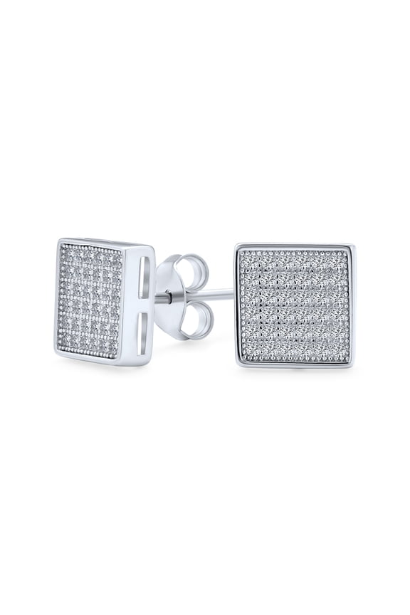 Mens Hip Hop Square CZ Stud Earrings for Men, Sterling Silver, 5-7 MM