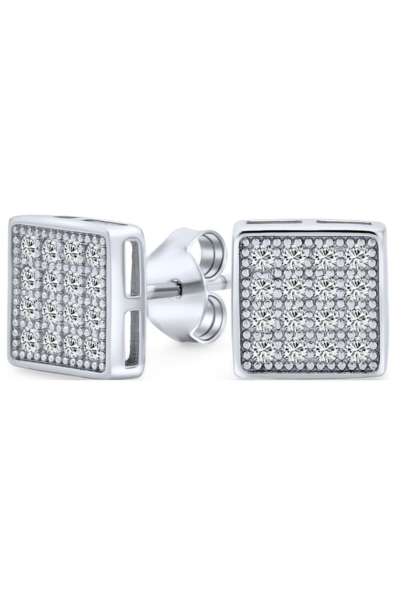 Mens  Hip Hop Square CZ Stud Earrings for Men, Sterling Silver, 5-7 MM