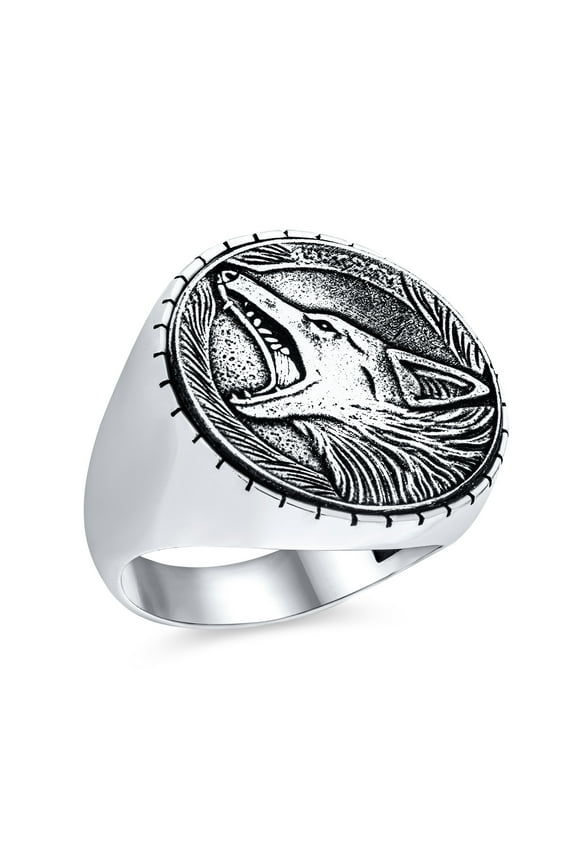 Mens Hunter Norse Viking Warrior Fierce Big Wolf Head Ring Oxidized Sterling Silver