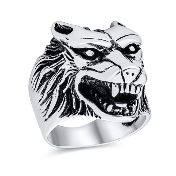 Bling Jewelry Mens Hunter Animal Norse Viking Warrior Signet Fierce Wolf Head Ring Oxidized .925 Sterling Silver