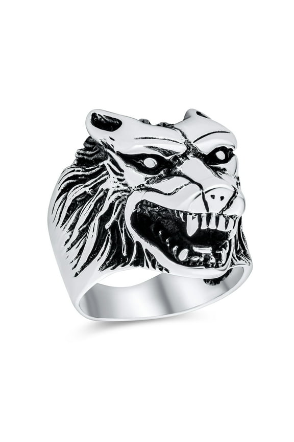 Mens Hunter Norse Viking Warrior Mens Silver Ring Fierce Roaring Wolf Head Design