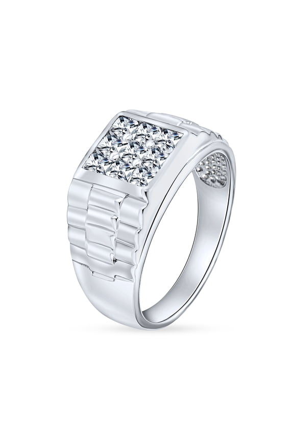 Mens Square Invisible Cut CZ Side Design Engagement Ring Sterling Silver