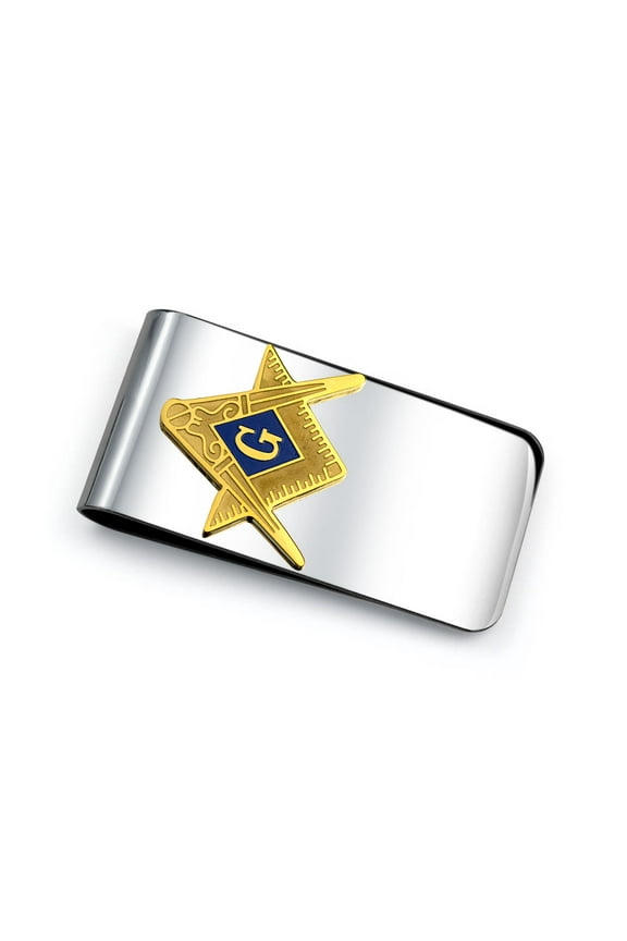 Mens Large Blue Square Compass Masonic Money Clip for Men Silver Gold Tone Steel